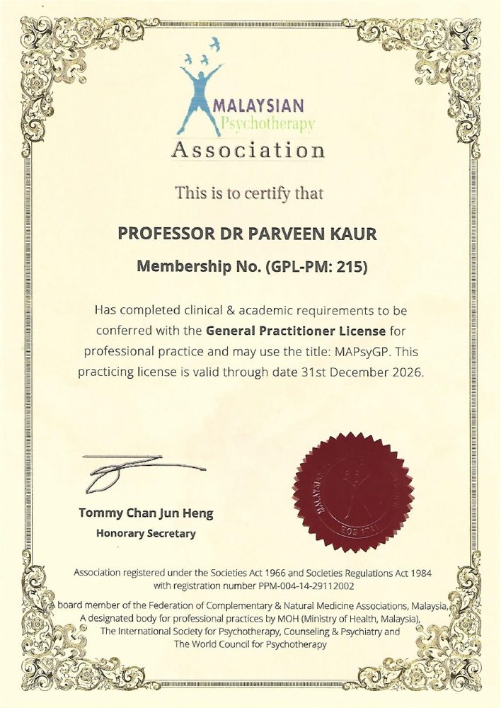Malaysian Psychotherapy Association General Practitioner License certificate for Professor Dr Parveen Kaur